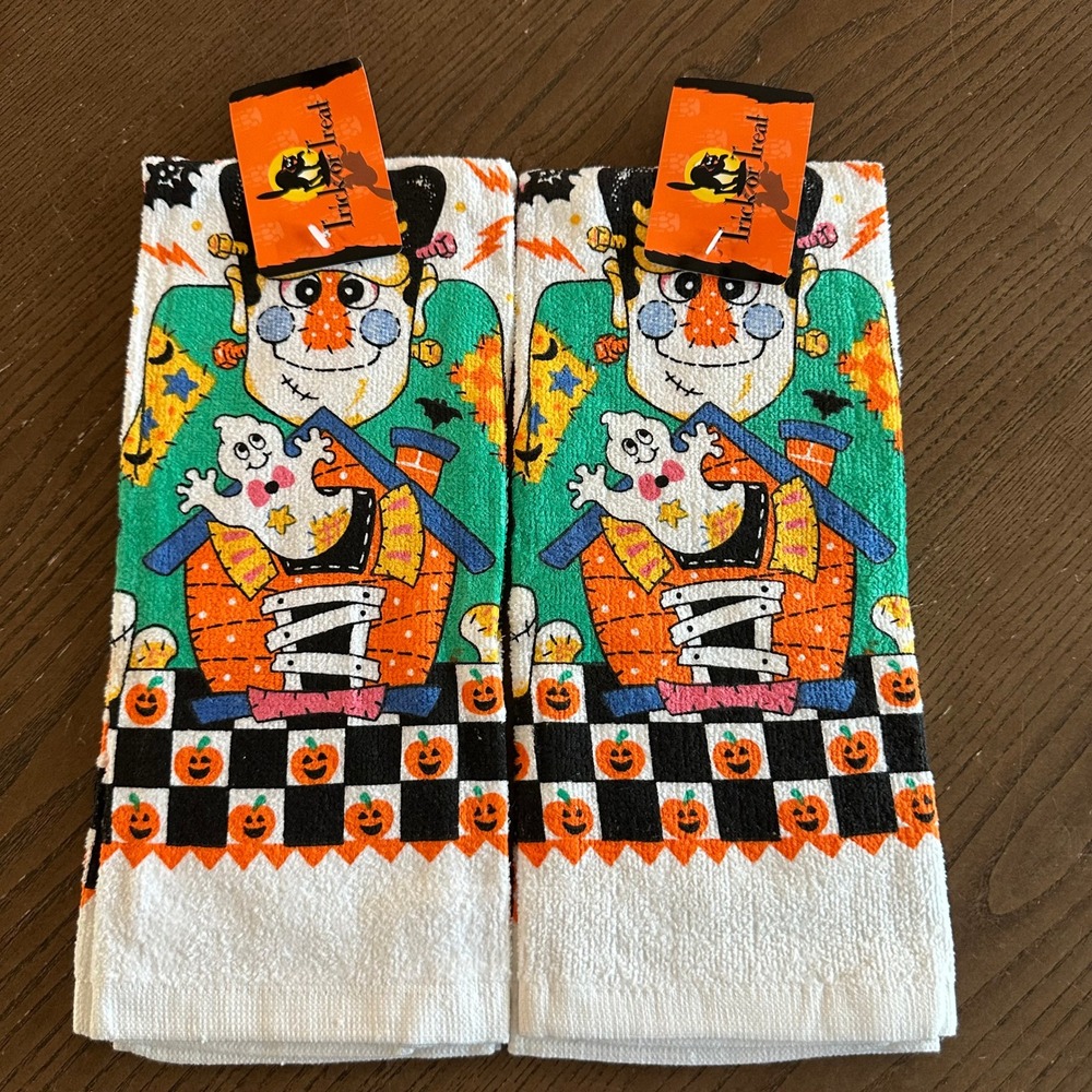 Vintage Halloween Frankenstein Ghost Kitchen Towels Set of 2 Trick or Treat